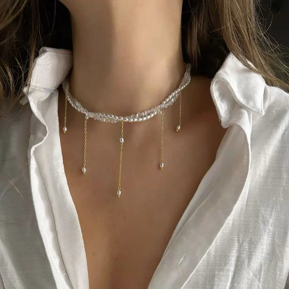 Crystal Tassel & Pearl Necklace