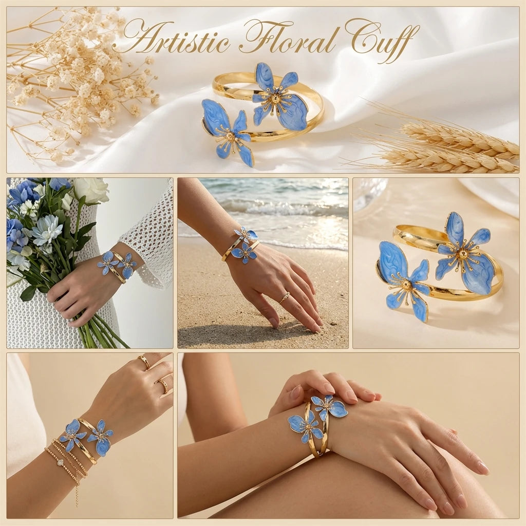 Bracelet Manchette Fleur Émaillée – Plaqué Or, Rose Blanc Bleu